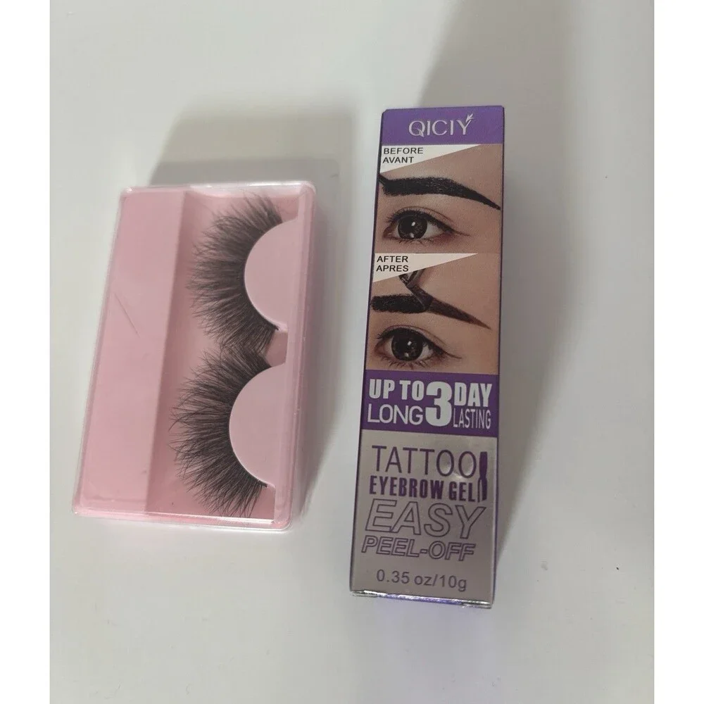QICIY Tattoo Eyebrow Gel Peel-Off + False Eyelashes Beauty Set New